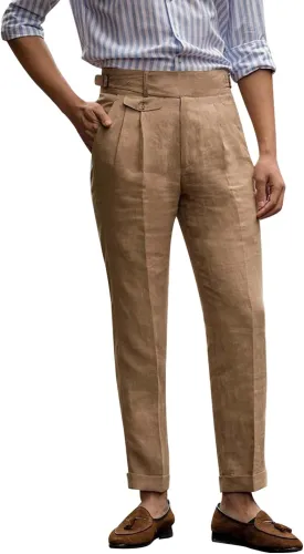 Snoly Men's Summer Retro Lightweight Linen Gurkha Trousers Tapered Leg Straight Flat Front Chino Pant