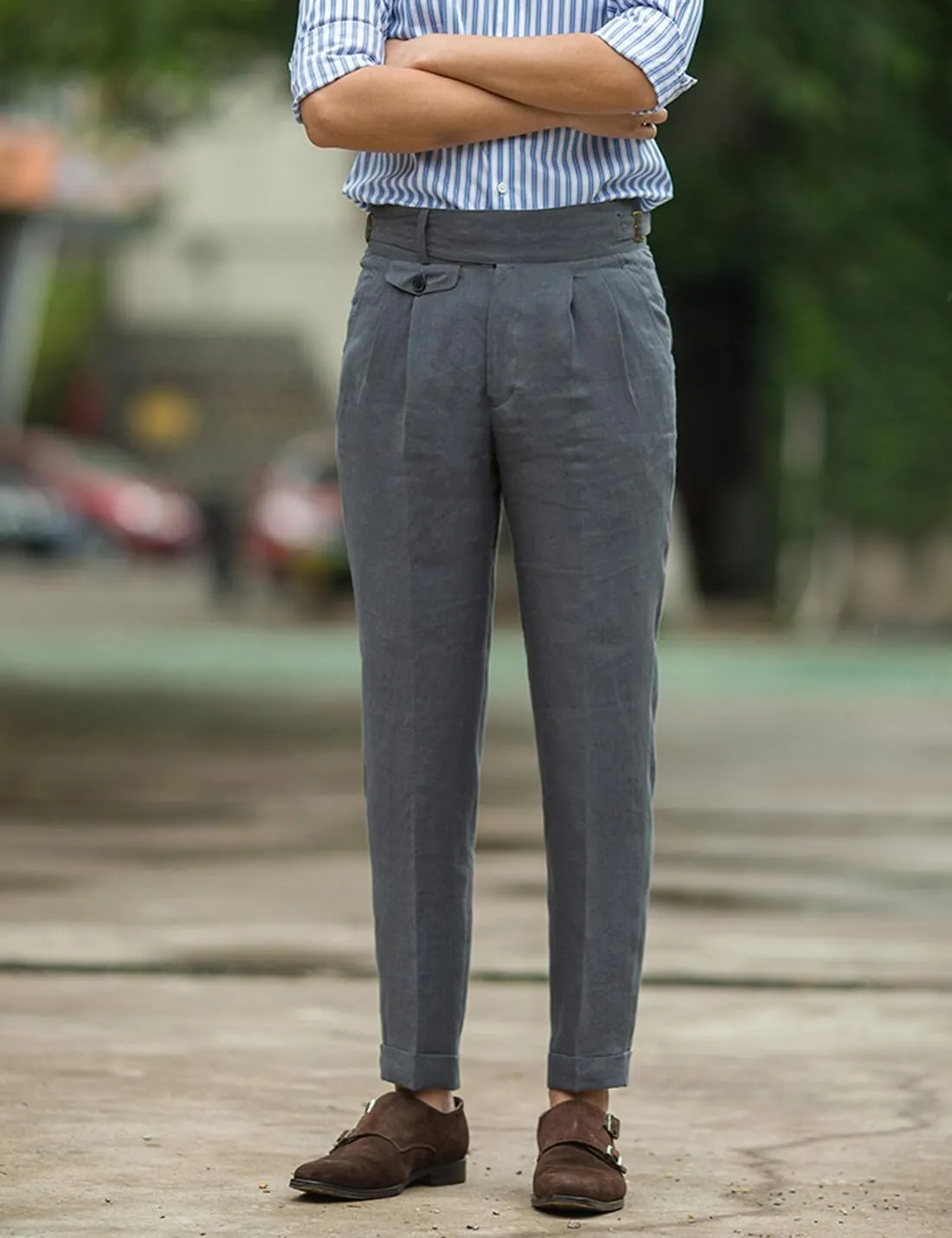 Snoly Men's Summer Retro Lightweight Linen Gurkha Trousers Tapered Leg Straight Flat Front Chino Pant
