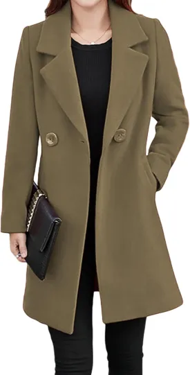 Tanming Womens Elegant Notched Collar Button Wool Blend Solid Long Pea Coat Overcoat