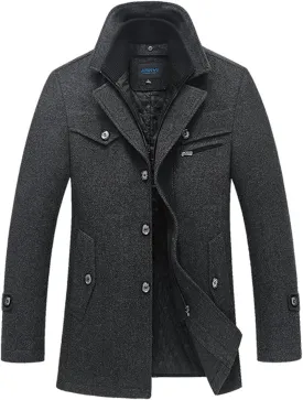 Tebreux Men's Winter Pea Coat Slim Fit Single Breasted Short Wool Jacket Woolen Trench Coat