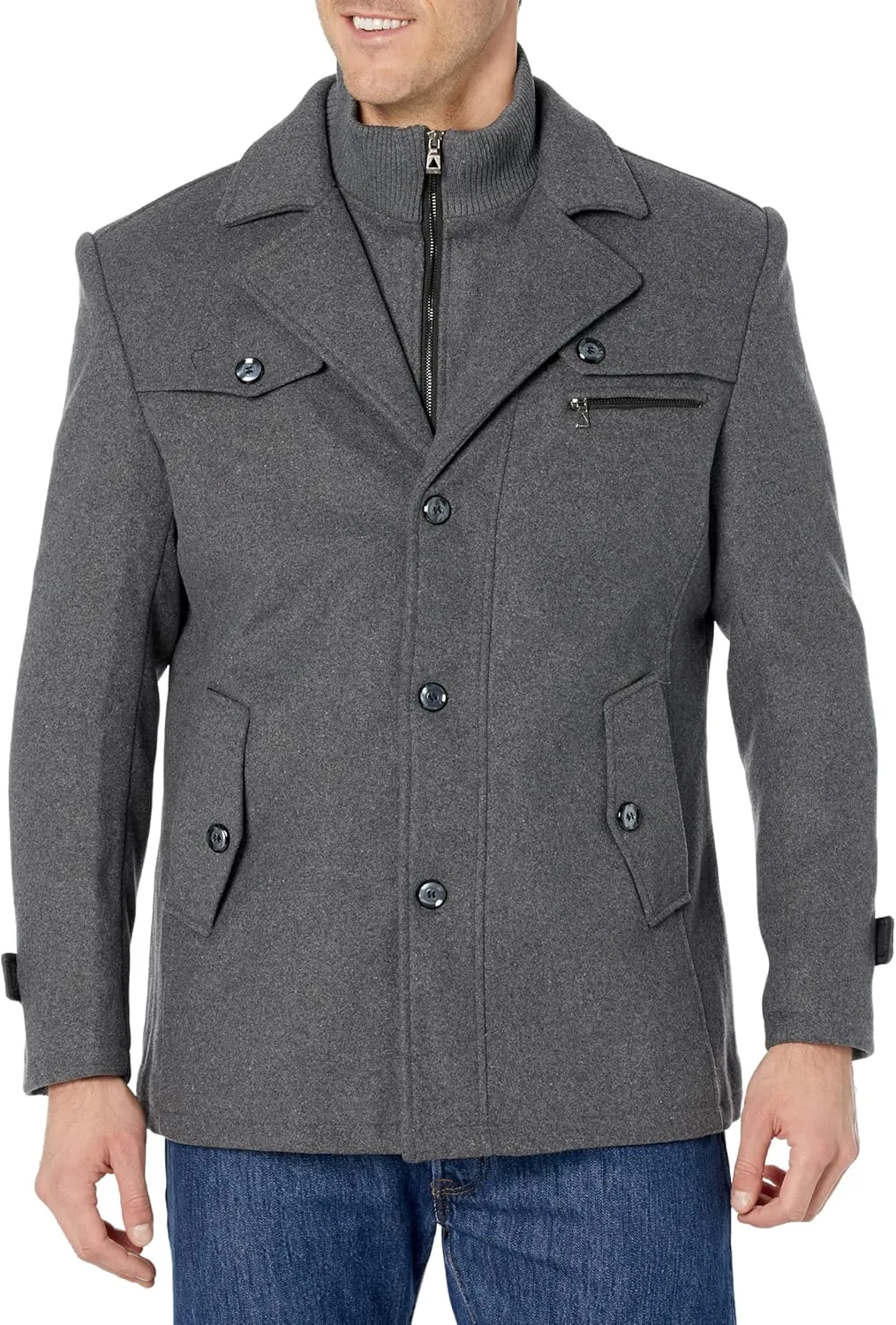 Tebreux Men's Winter Pea Coat Slim Fit Single Breasted Short Wool Jacket Woolen Trench Coat