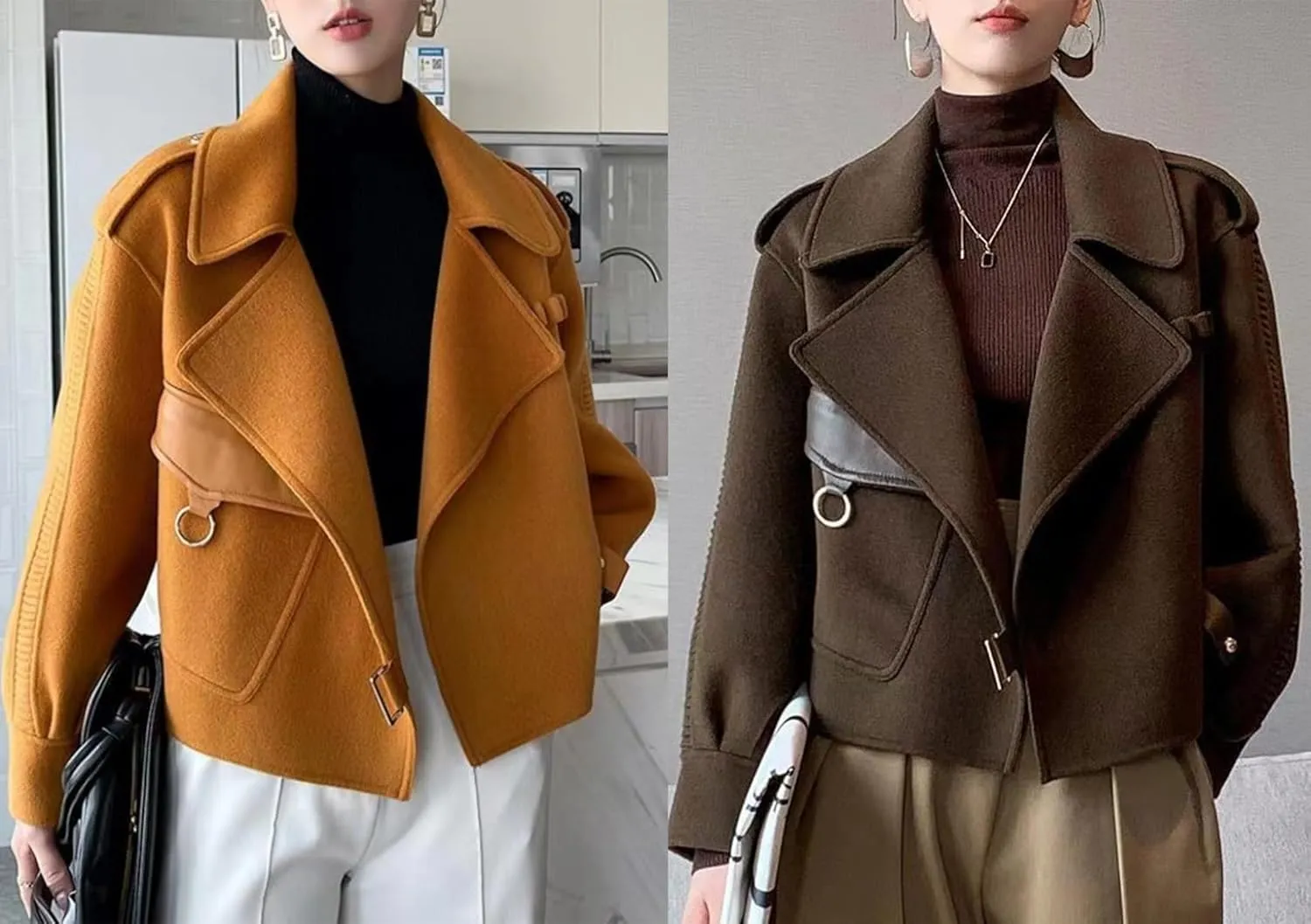 utcoco Women Cropped Wool Coats Warm Pea Coat Notched Lapel Open Front Trench Overcoat Jackets with Pockets