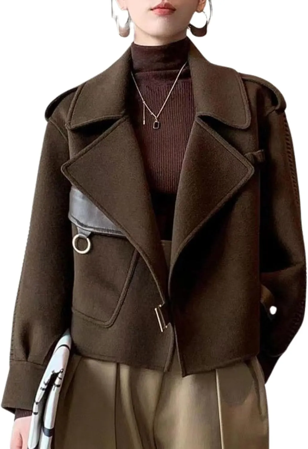utcoco Women Cropped Wool Coats Warm Pea Coat Notched Lapel Open Front Trench Overcoat Jackets with Pockets