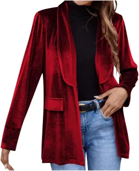 Velvet Blazer Jackets for Women Fashion Casual Open Front Long Sleeve Soft Cardigan Lapel Collar Suits Work Outfits