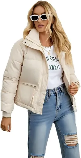 Women's Cropped Puffer Jacket Stand Collar Winter Warm Puffy Quilted Jackets Coats