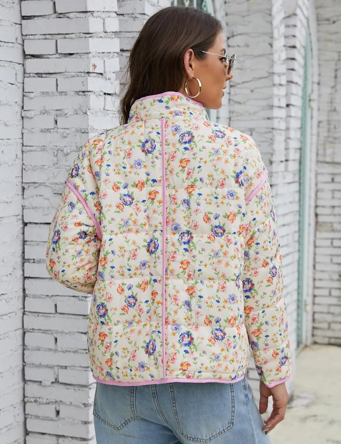 Women's Cropped Puffer Quilted Jacket Lightweight Long Sleeve Padded Floral Print Puffy Cardigan Outwear Coat