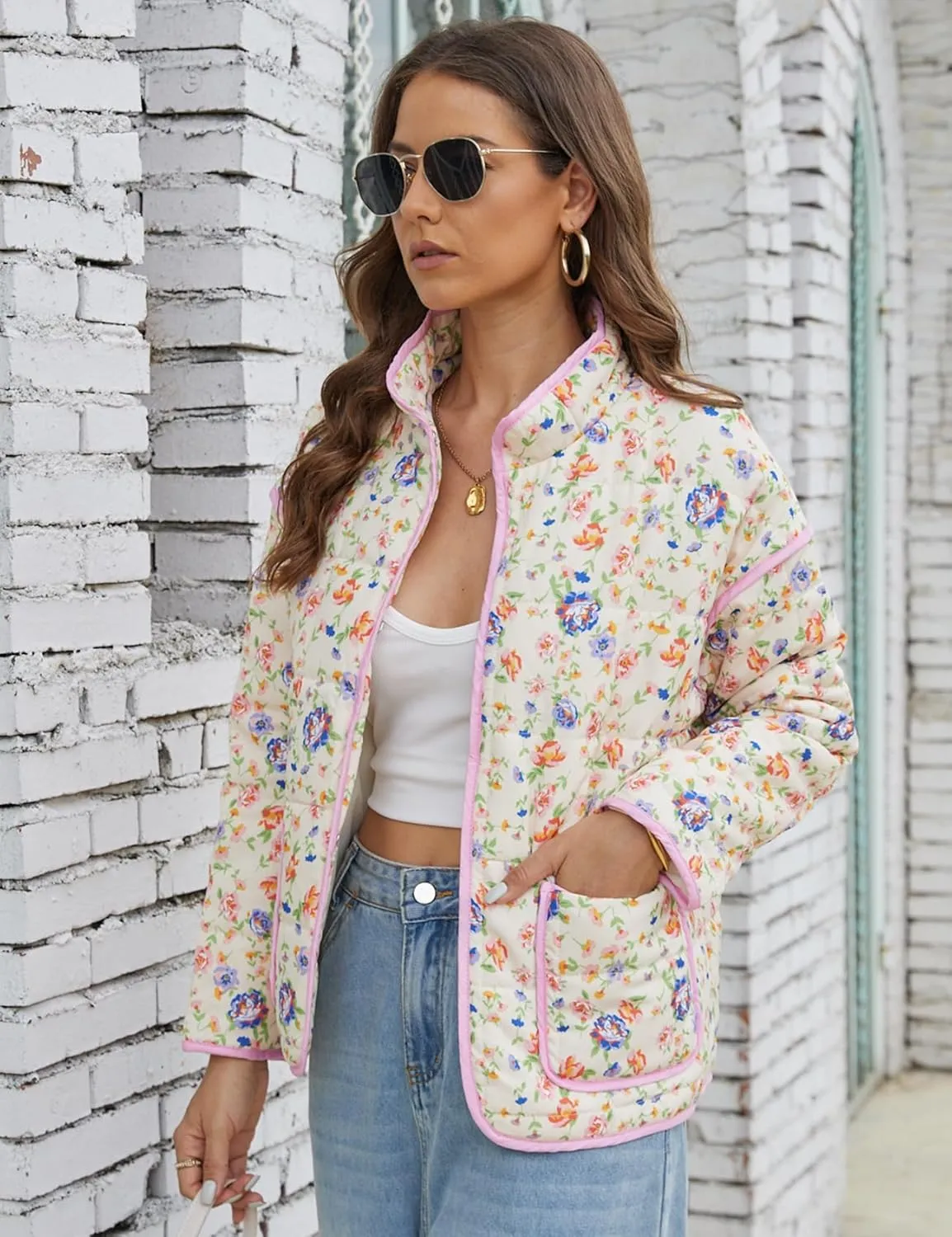 Women's Cropped Puffer Quilted Jacket Lightweight Long Sleeve Padded Floral Print Puffy Cardigan Outwear Coat