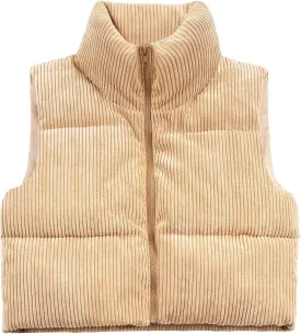 Women's Cropped Puffer Vest Winter Sleeveless Warm Outerwear Vests Lightweight Corduroy Coat with Invisible Pockets