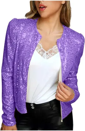 Womens Sequin Blazer Jacket Casual Long Sleeve Open Front Zip Up Sparkle Bomber Jackets for Evening Party