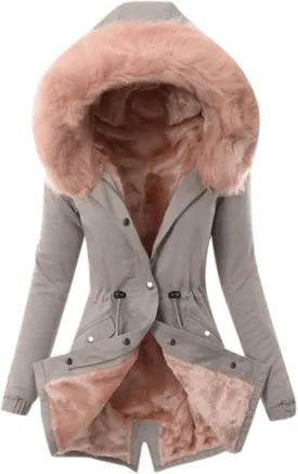 Women's Thick Fleece Lined Parka Faux Fur Collar Camouflage Solid Winter Coats Hooded Jackets Military Anorak Pockets