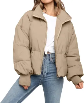 Womens Winter Cropped Puffer Jacket Coat Casual Quilted Baggy Long Sleeve Zip Down Jackets Outerwear