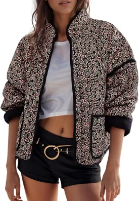 Wyeysyt Women's Cropped Puffer Jacket Lightweight Floral Print Long Sleeve Padded Quilted Puffy Cardigan Coat