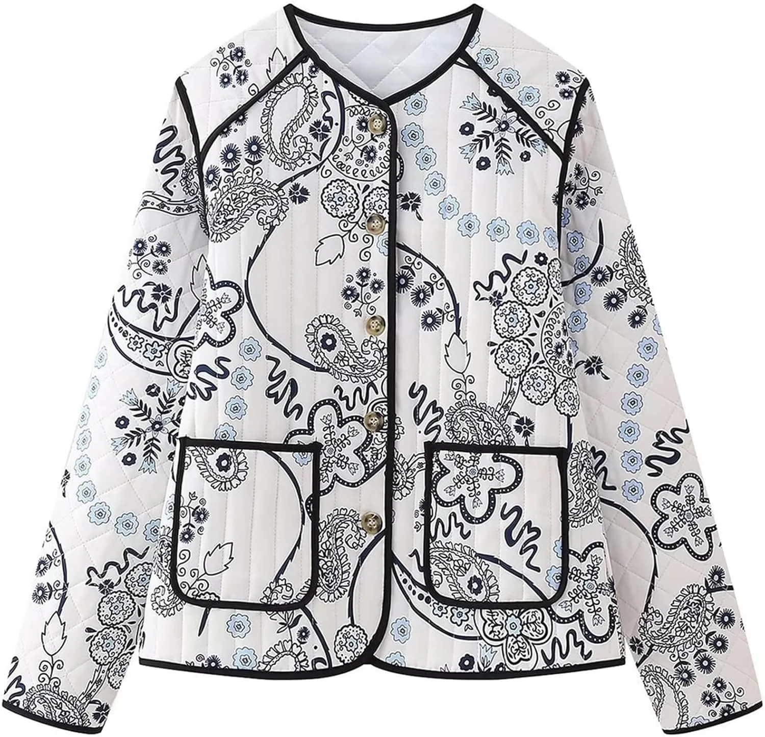 Wyeysyt Women's Cropped Puffer Jacket Quilted Floral Print Cardigan Button Up Long Sleeve Lightweight Open Front Padded Coat