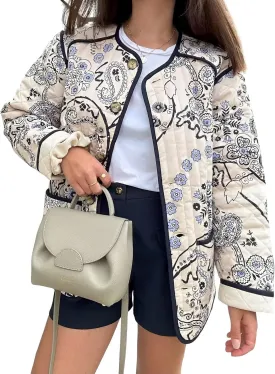 Wyeysyt Women's Cropped Puffer Jacket Quilted Floral Print Cardigan Button Up Long Sleeve Lightweight Open Front Padded Coat