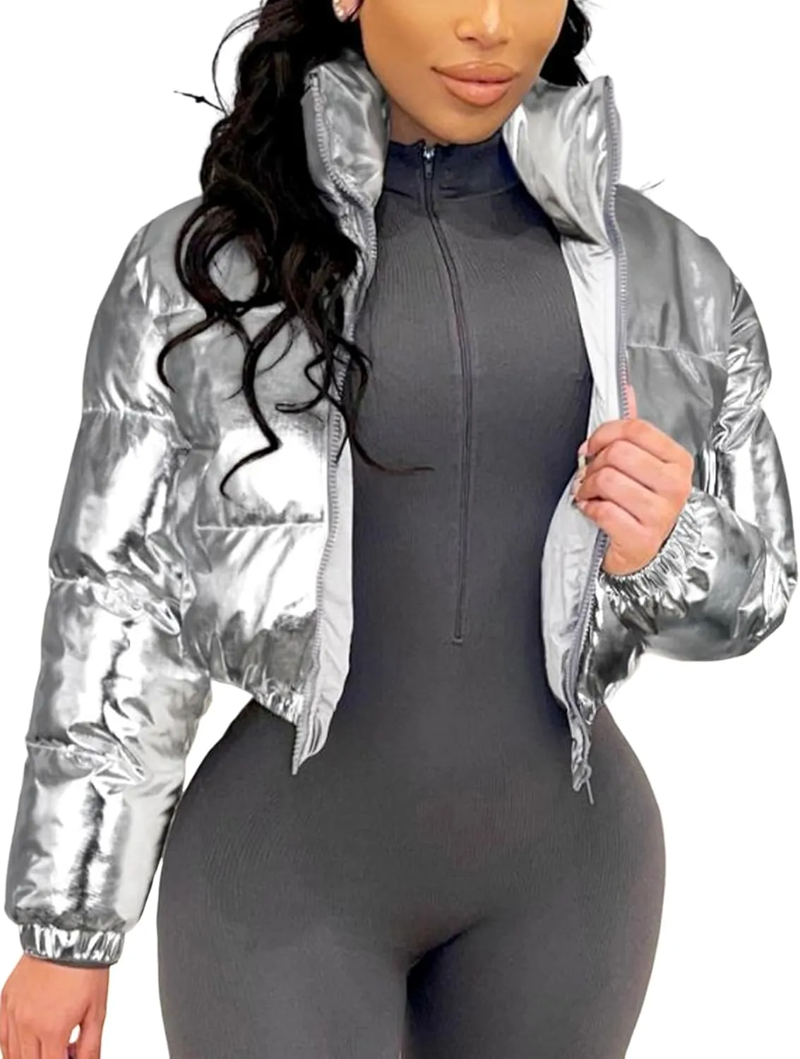 Wyeysyt Women's Metallic Y2K Cropped Puffer Jacket Quilted Shiny Winter Bubble Padded Puffy Jacket Stand Collar Zip Up Coat
