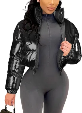 Wyeysyt Women's Metallic Y2K Cropped Puffer Jacket Quilted Shiny Winter Bubble Padded Puffy Jacket Stand Collar Zip Up Coat