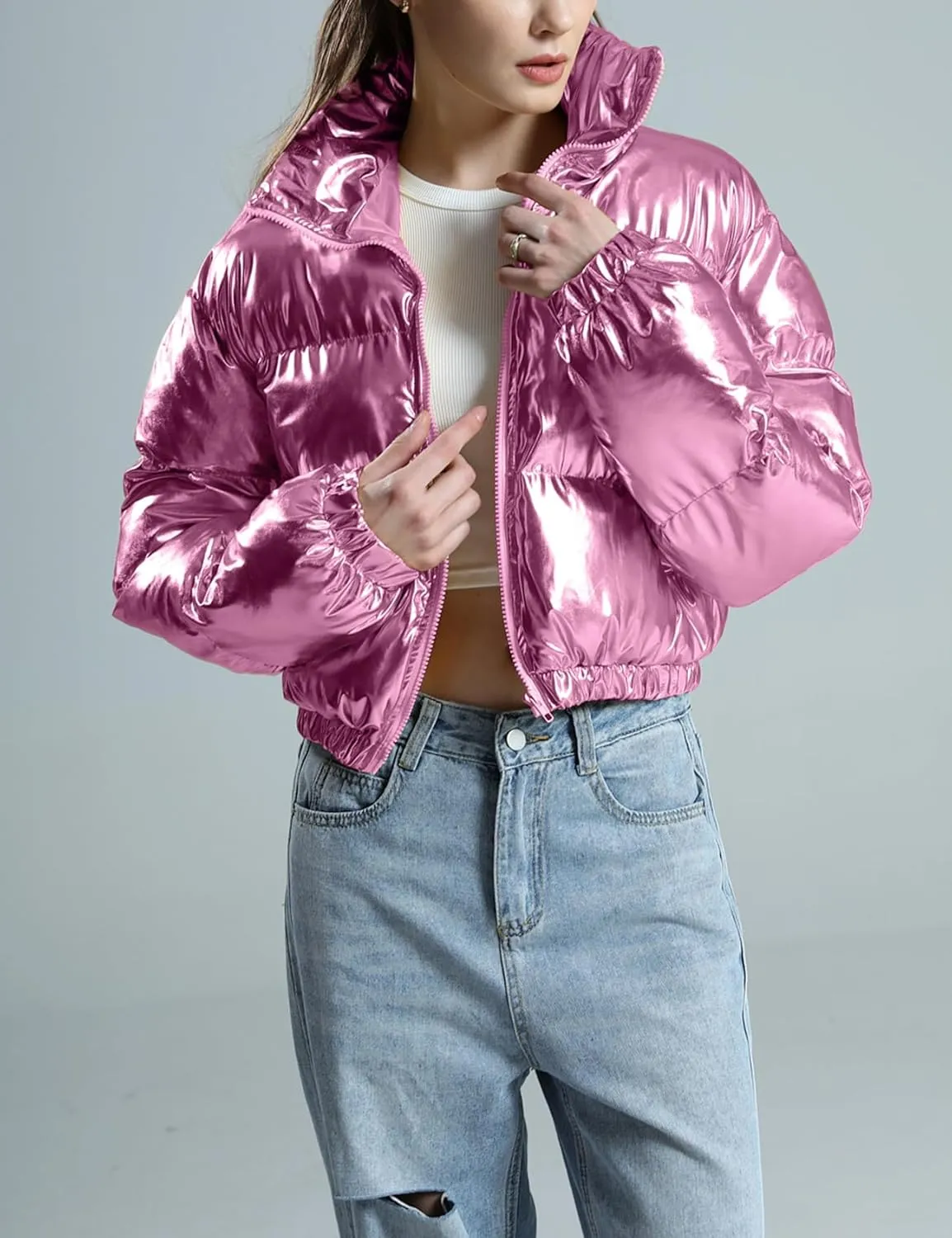 Wyeysyt Women's Metallic Y2K Cropped Puffer Jacket Quilted Shiny Winter Bubble Padded Puffy Jacket Stand Collar Zip Up Coat