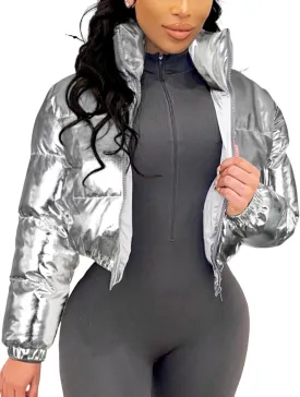 Wyeysyt Women's Metallic Y2K Cropped Puffer Jacket Quilted Shiny Winter Bubble Padded Puffy Jacket Stand Collar Zip Up Coat