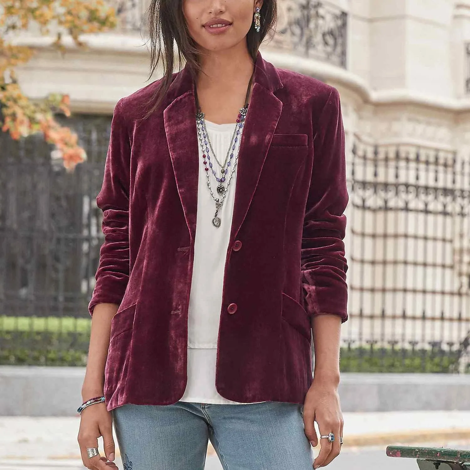 XUNRYAN Velvet Blazers Jackets for Women Evening Dressy Vintage Long Sleeve Cardigans One Button Lapel Trench Coats w Pockets