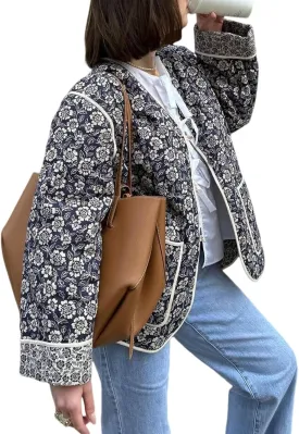 Yimoon Quilted Jackets for Women Reversible Floral Print Open Front Lightweight Cropped Puffer Jacket Outwear