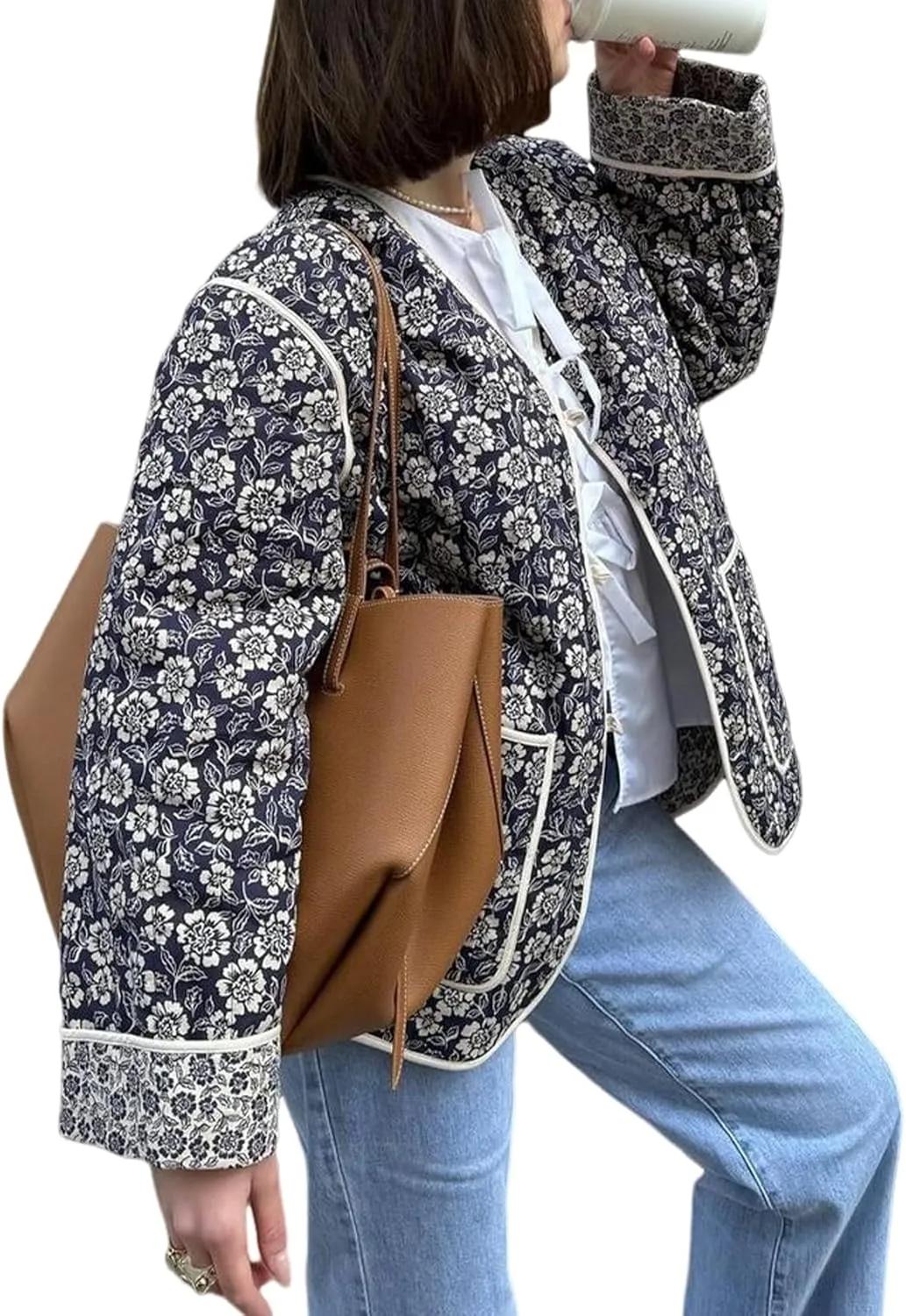 Yimoon Quilted Jackets for Women Reversible Floral Print Open Front Lightweight Cropped Puffer Jacket Outwear