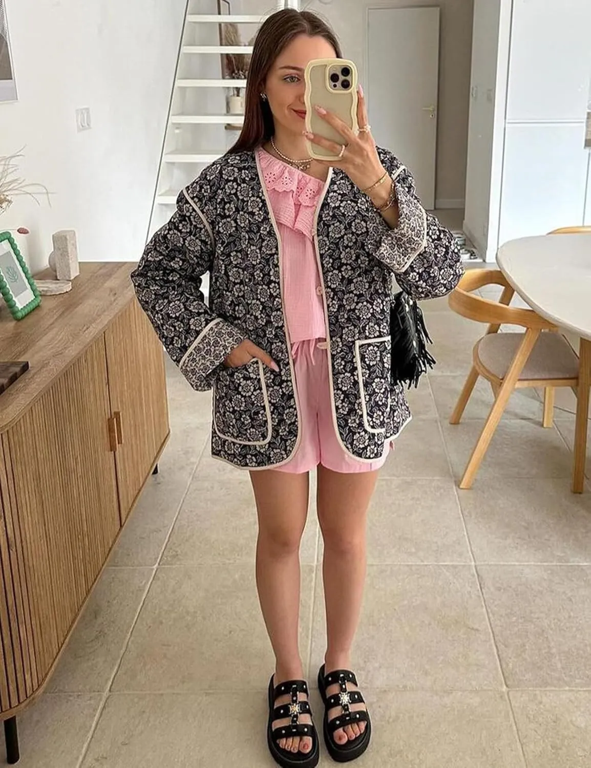 Yimoon Quilted Jackets for Women Reversible Floral Print Open Front Lightweight Cropped Puffer Jacket Outwear