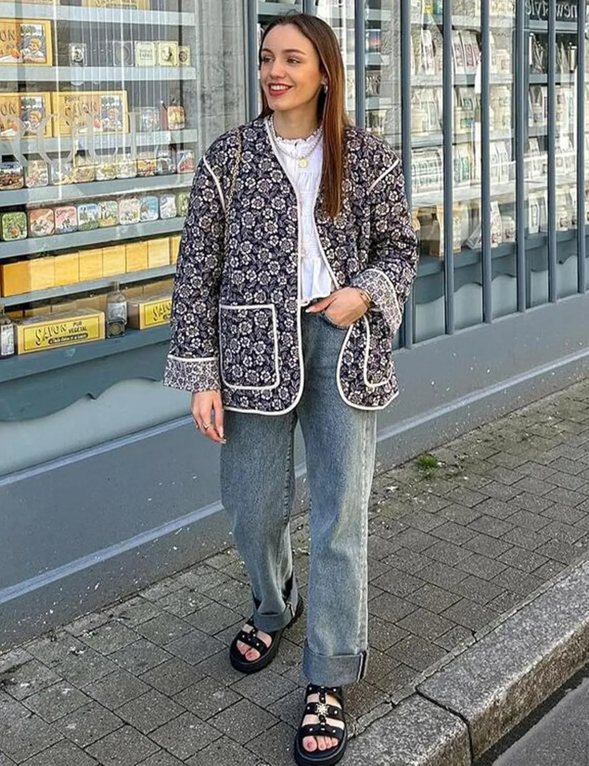 Yimoon Quilted Jackets for Women Reversible Floral Print Open Front Lightweight Cropped Puffer Jacket Outwear