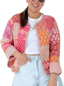 Yimoon Quilted Jackets for Women Reversible Floral Print Open Front Lightweight Cropped Puffer Jacket Outwear