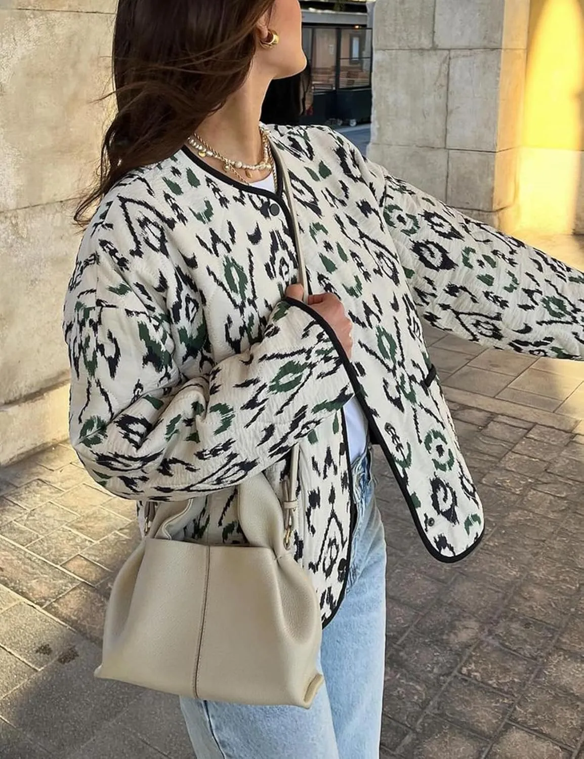Yimoon Women's Cropped Quilted Puffer Jacket Floral Print Lightweight Padded Coat Vintage Button Down Puffy Outwear