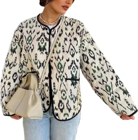 Yimoon Women's Cropped Quilted Puffer Jacket Floral Print Lightweight Padded Coat Vintage Button Down Puffy Outwear