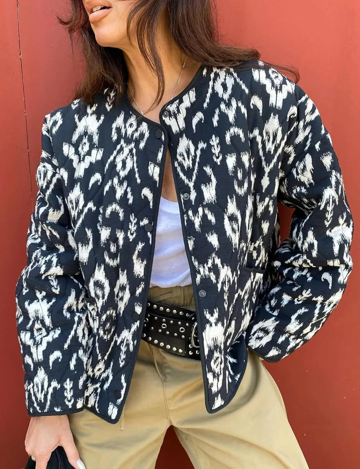 Yimoon Women's Cropped Quilted Puffer Jacket Floral Print Lightweight Padded Coat Vintage Button Down Puffy Outwear