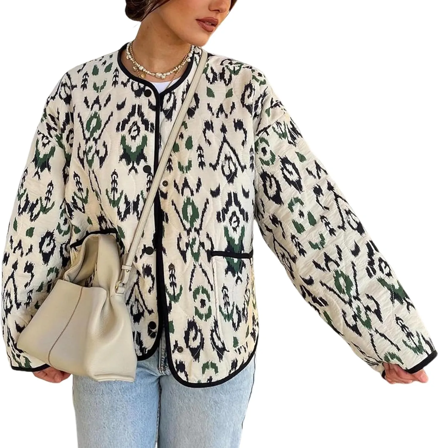 Yimoon Women's Cropped Quilted Puffer Jacket Floral Print Lightweight Padded Coat Vintage Button Down Puffy Outwear