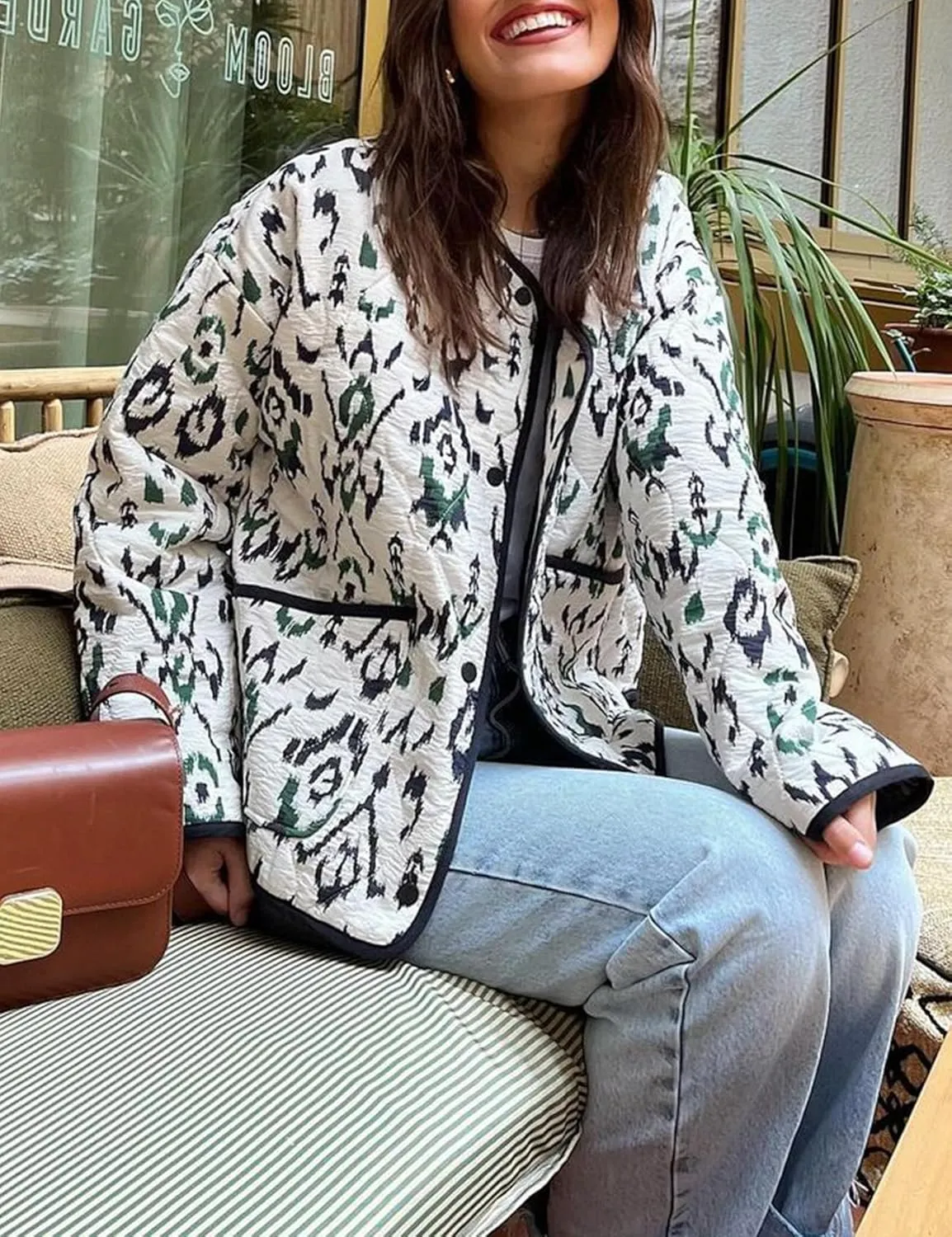 Yimoon Women's Cropped Quilted Puffer Jacket Floral Print Lightweight Padded Coat Vintage Button Down Puffy Outwear