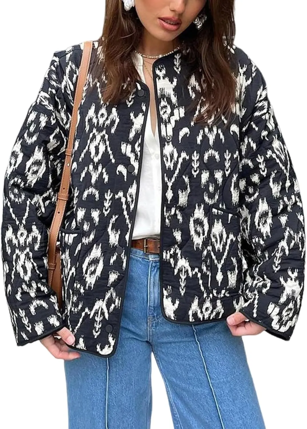Yimoon Women's Cropped Quilted Puffer Jacket Floral Print Lightweight Padded Coat Vintage Button Down Puffy Outwear