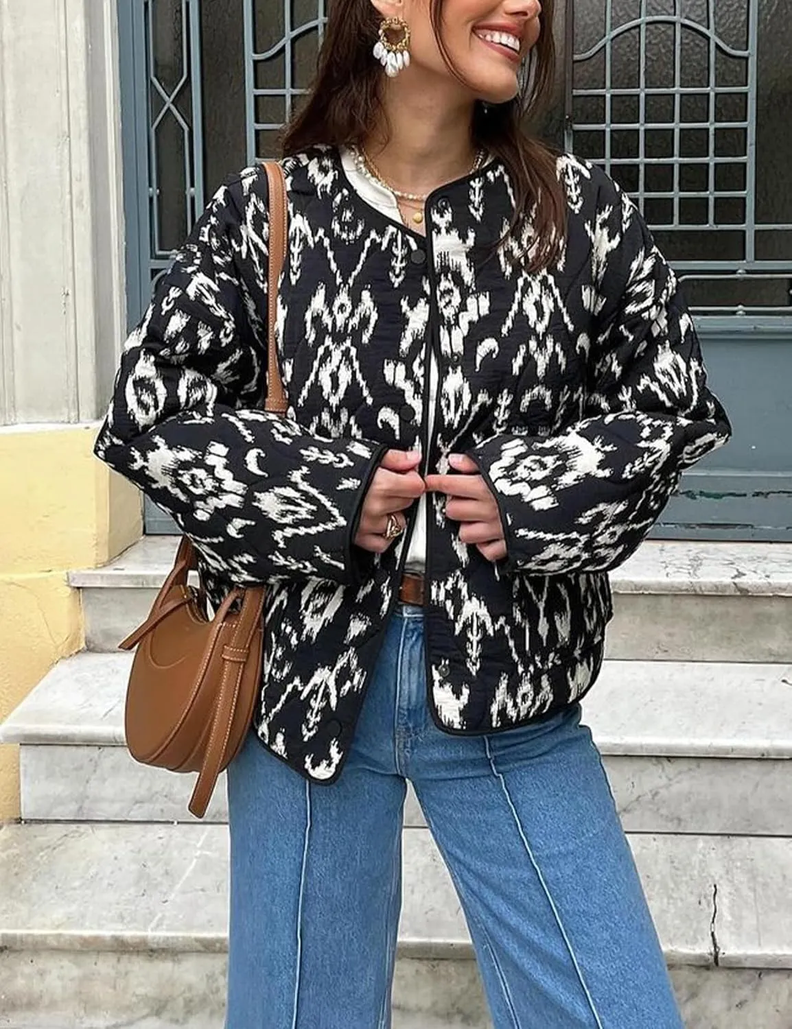 Yimoon Women's Cropped Quilted Puffer Jacket Floral Print Lightweight Padded Coat Vintage Button Down Puffy Outwear