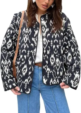 Yimoon Women's Cropped Quilted Puffer Jacket Floral Print Lightweight Padded Coat Vintage Button Down Puffy Outwear