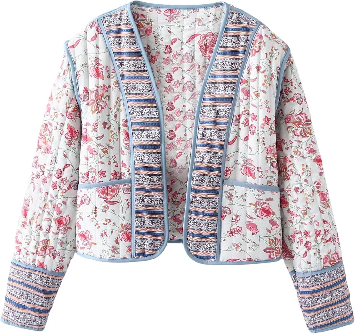 Yimoon Women's Quilted Jacket Lightweight Floral Print Cropped Puffer Coat Short Padded Open Front Winter Outwear