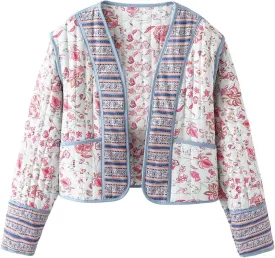 Yimoon Women's Quilted Jacket Lightweight Floral Print Cropped Puffer Coat Short Padded Open Front Winter Outwear