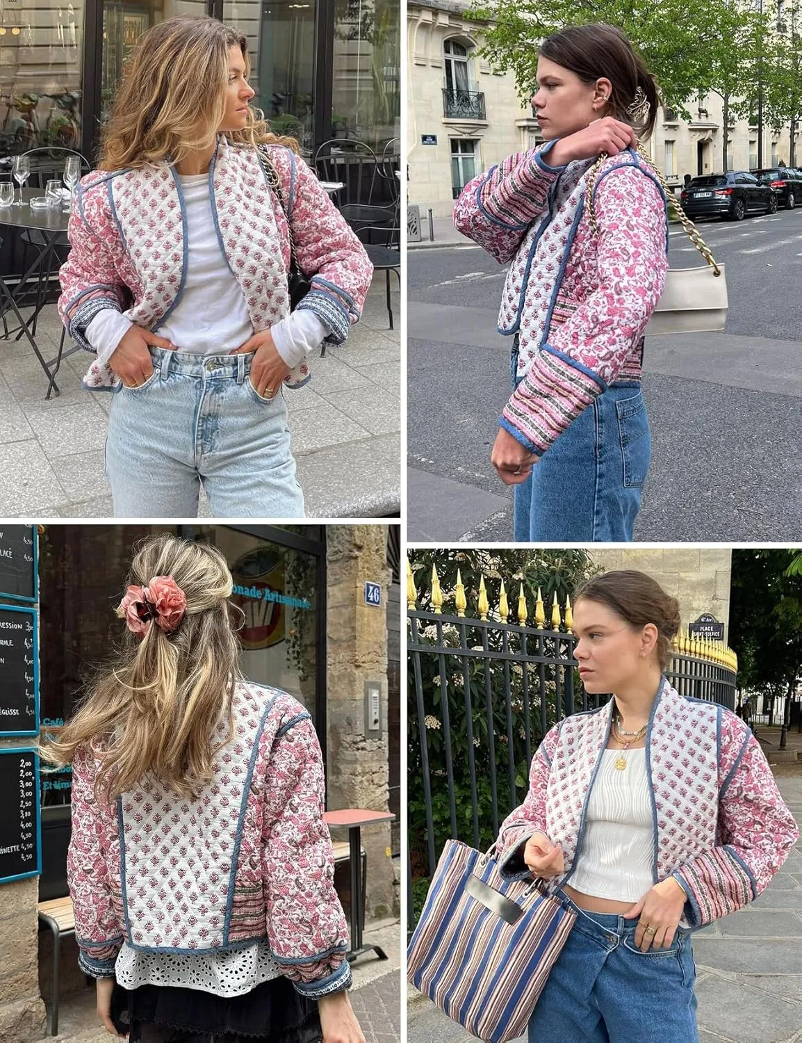Yimoon Women's Quilted Jacket Lightweight Floral Print Cropped Puffer Coat Short Padded Open Front Winter Outwear