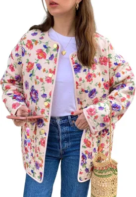 Yimoon Women's Quilted Puffer Jacket Lightweight Floral Print Padded Coat Open Front Puffy Cardigan Outwear