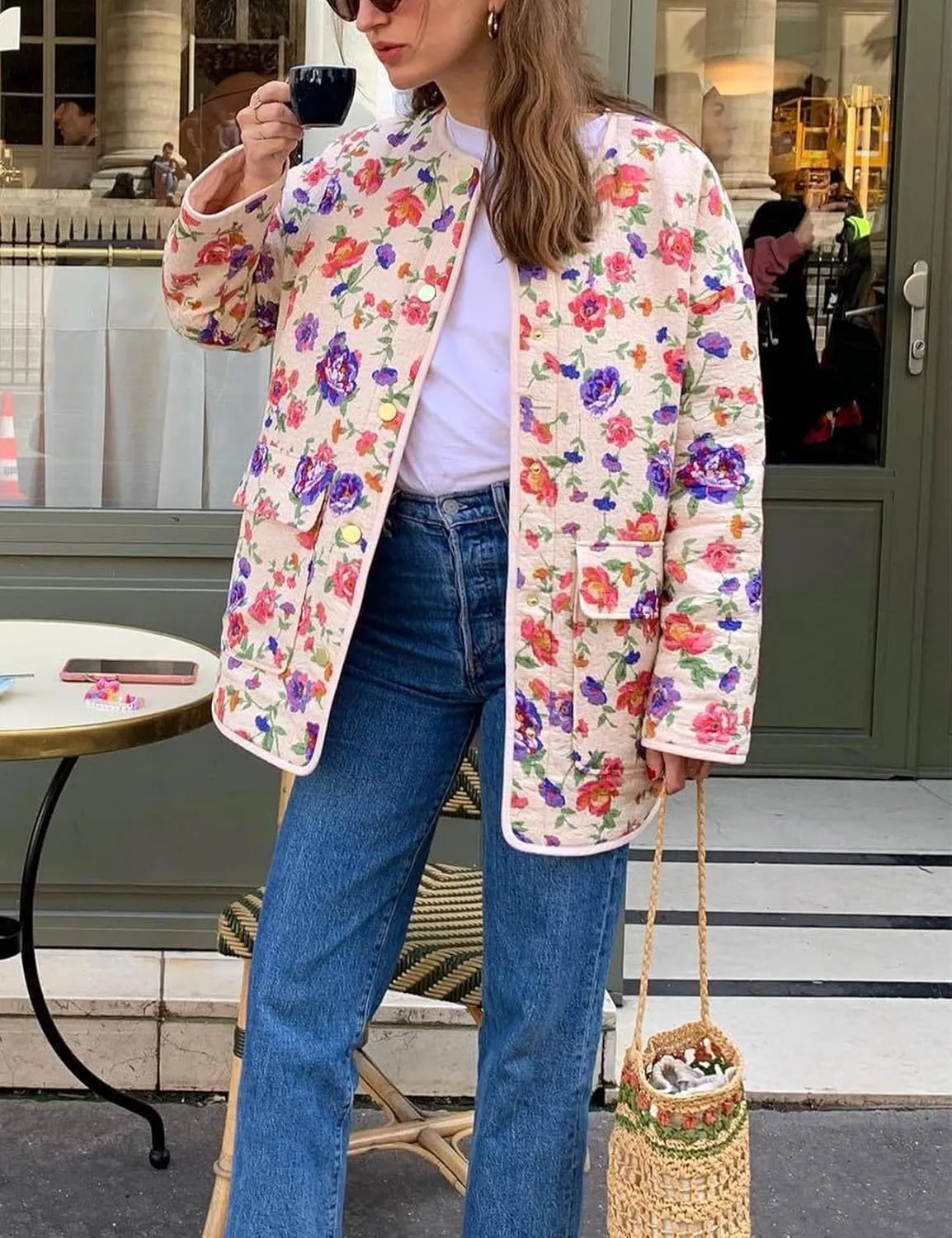 Yimoon Women's Quilted Puffer Jacket Lightweight Floral Print Padded Coat Open Front Puffy Cardigan Outwear