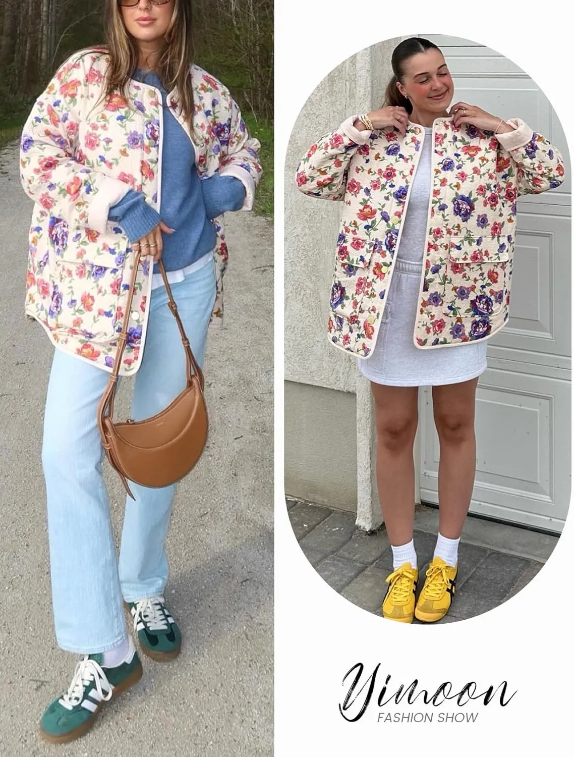 Yimoon Women's Quilted Puffer Jacket Lightweight Floral Print Padded Coat Open Front Puffy Cardigan Outwear