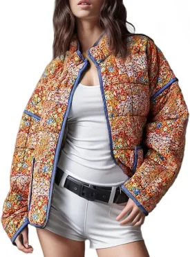 YKR Women's Cropped Puffer Jacket Floral Print Quilted Puffer Jackets Open Front Lightweight Short Jacket Trendy