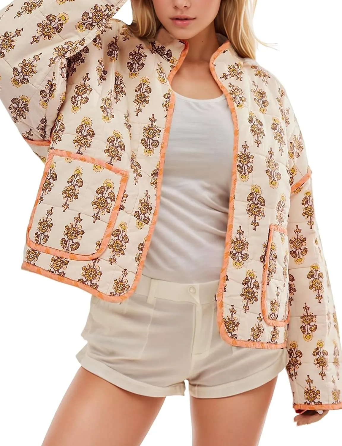 YKR Women's Cropped Puffer Jacket Floral Print Quilted Puffer Jackets Open Front Lightweight Short Jacket Trendy