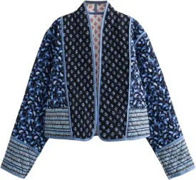 YKR Women's Cropped Puffer Jacket Floral Print Quilted Puffer Jackets Open Front Lightweight Short Jacket Trendy
