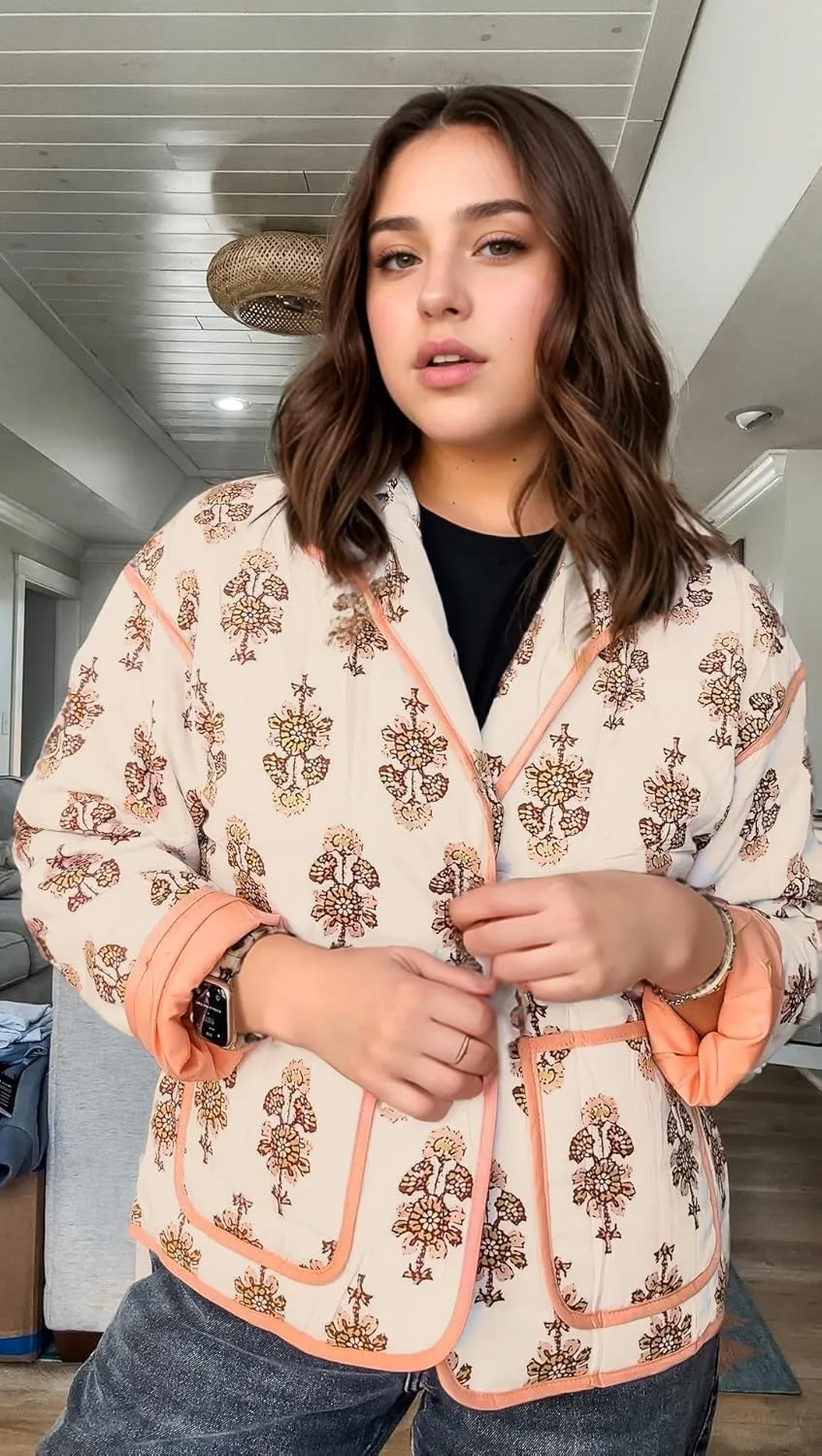 YKR Women's Cropped Puffer Jacket Floral Print Quilted Puffer Jackets Open Front Lightweight Short Jacket Trendy