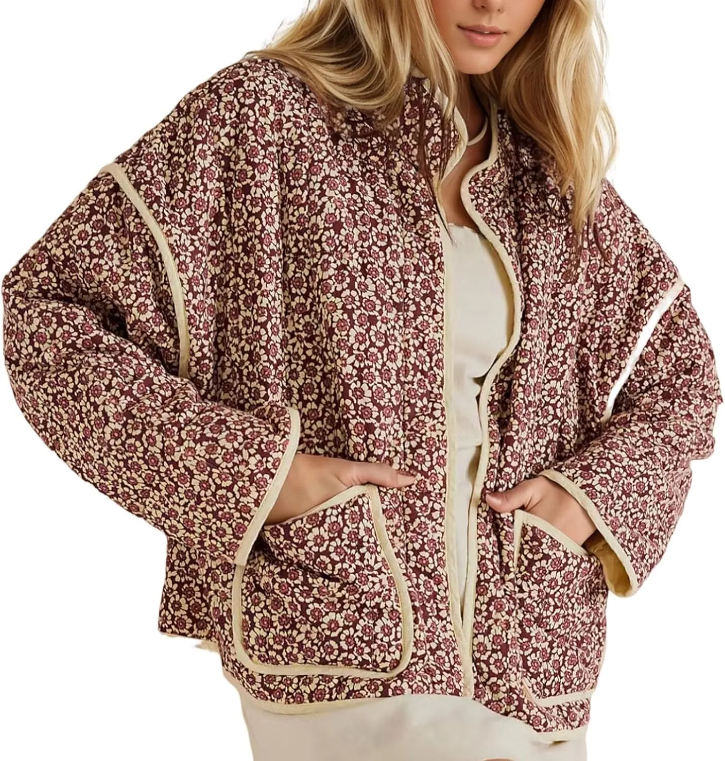 YKR Women's Cropped Puffer Jacket Floral Print Quilted Puffer Jackets Open Front Lightweight Short Jacket Trendy